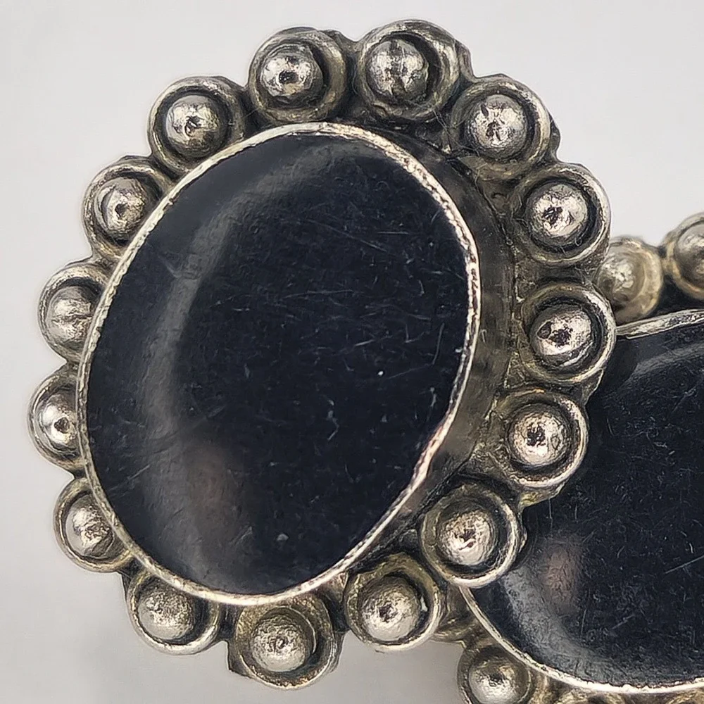 Vintage Black Cabochon Silver Tone Ornate Clip On Earrings